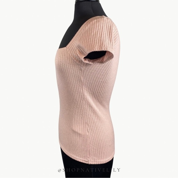Reformation Women's Bardot Ribbed Knit Square Neck Top Sz Medium, Blush Pink - Picture 6 of 15